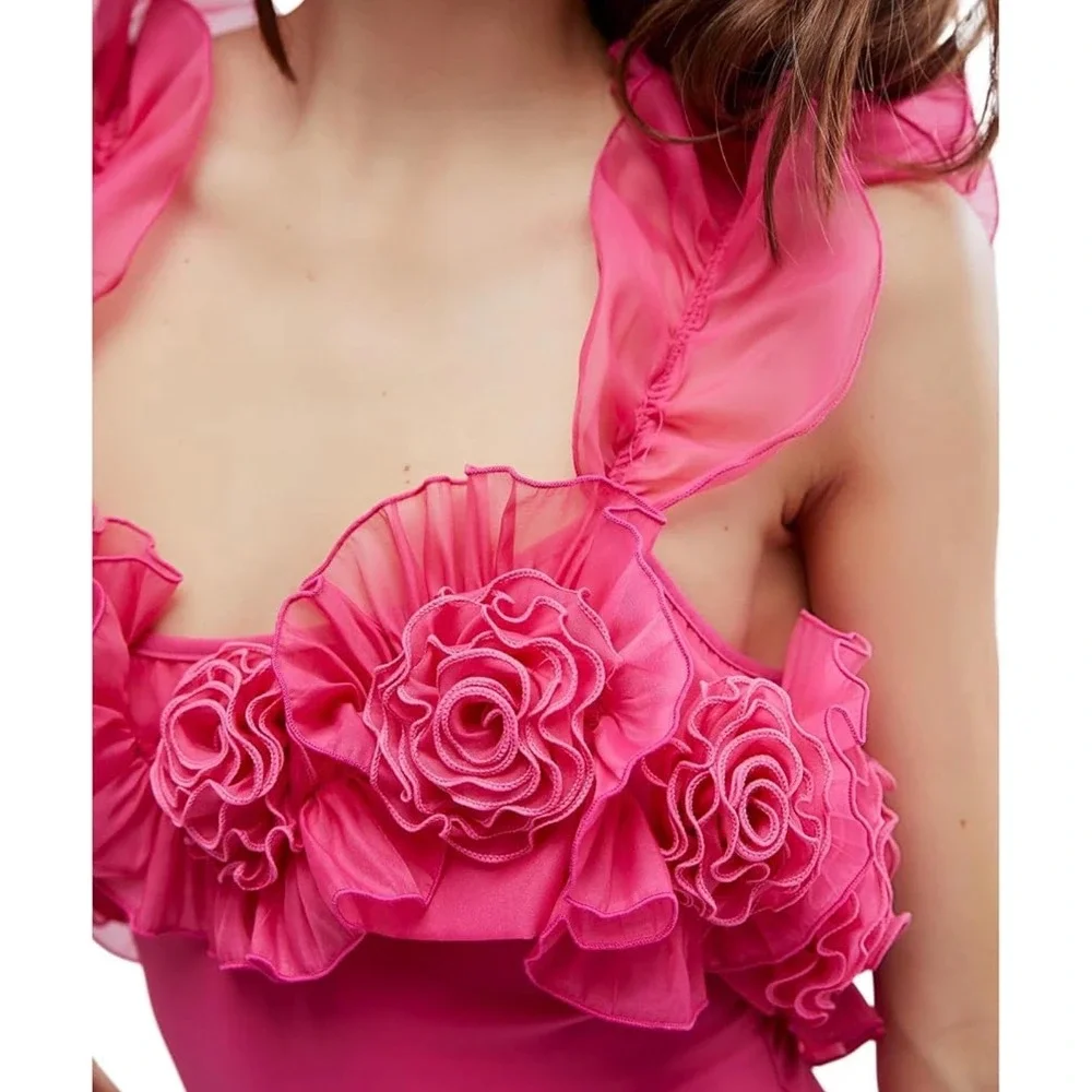 Free People Pink Rosette Ruffle Bodysuit Floral 3D Applique Fuchsia‎ Sleeveless